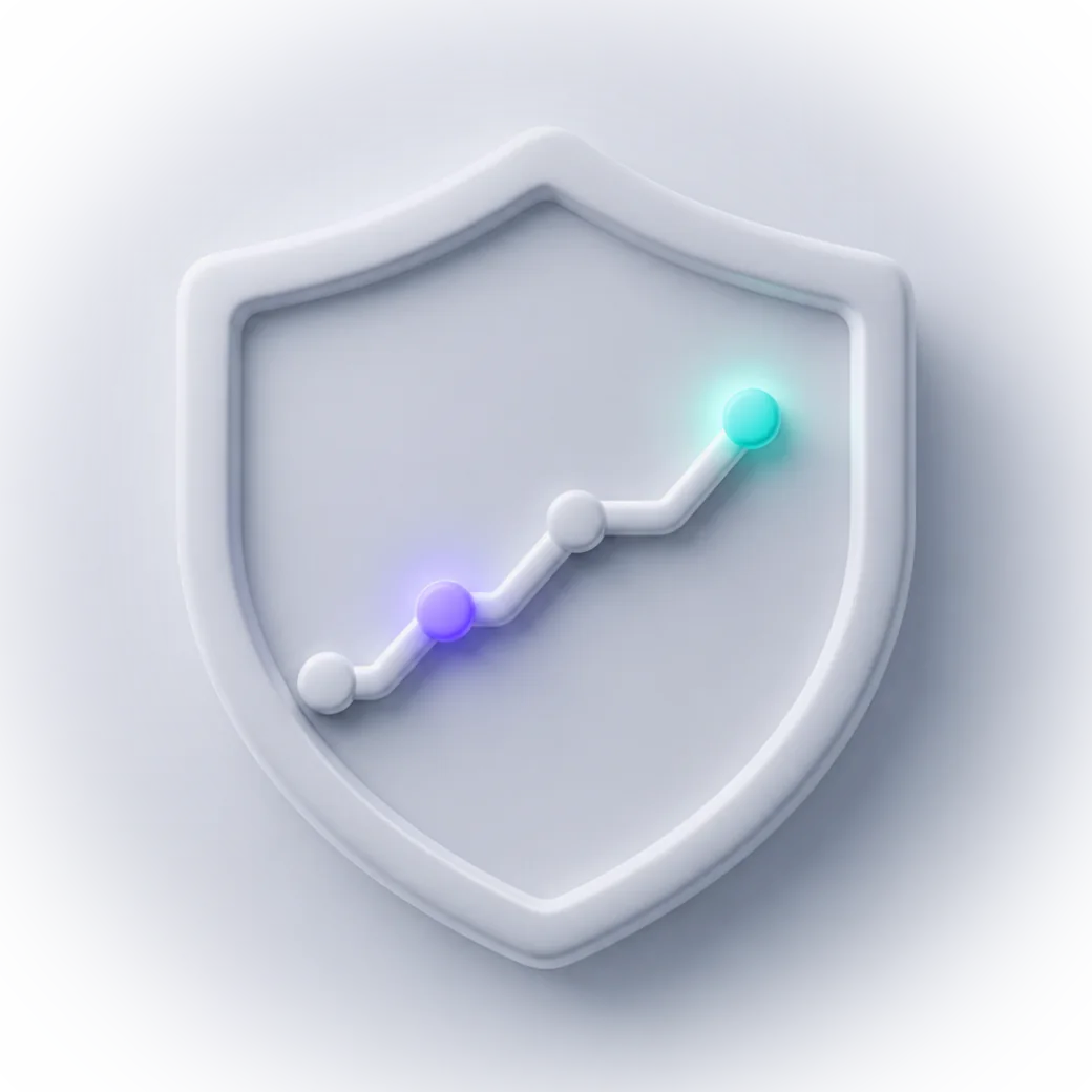 A shield containing an upward-climbing trend line, representing digital security maturity being measured and advanced over time.